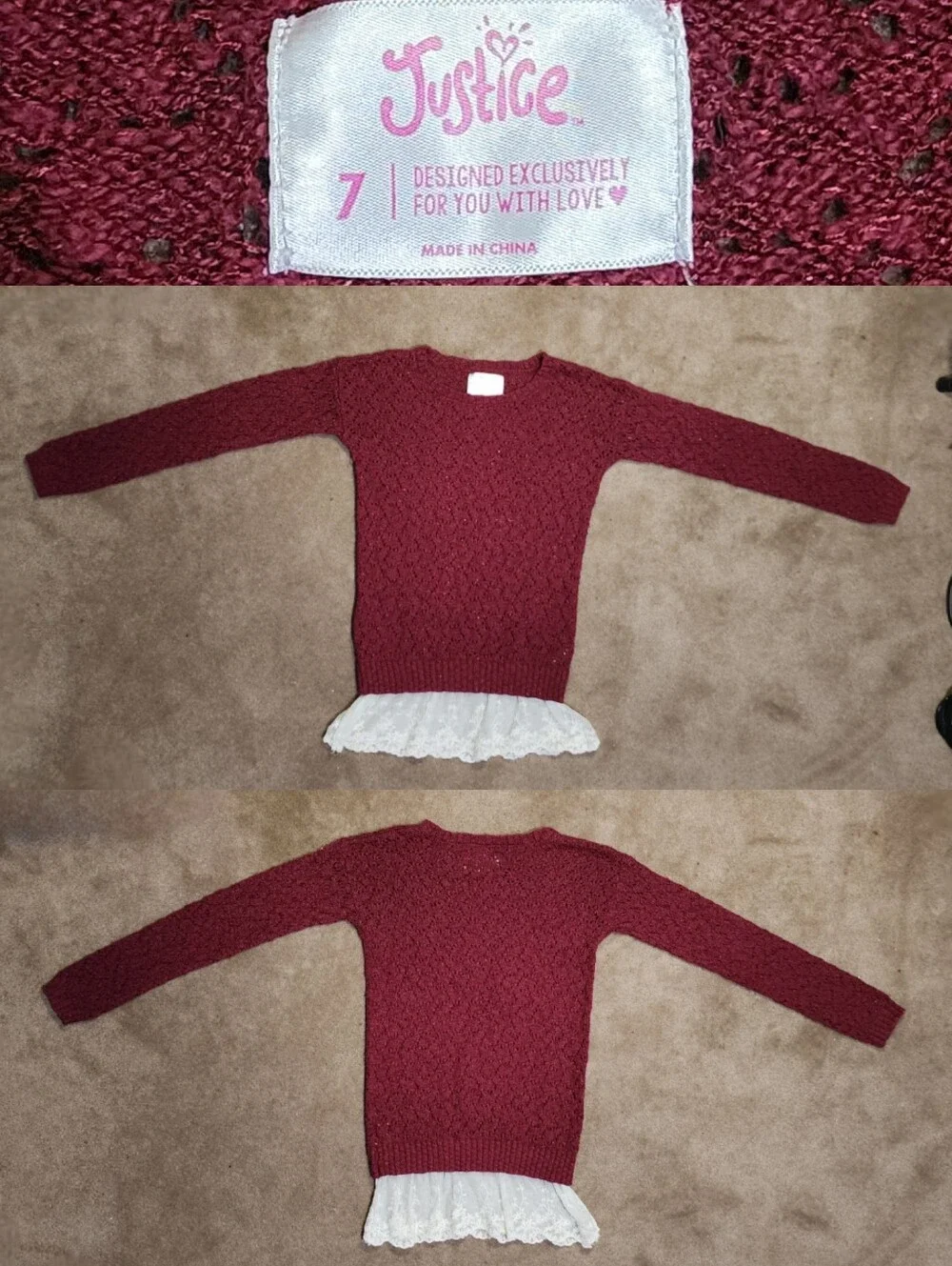 Justice Kids Marron Knitted Long Sleeve Shirt Sz 7/12